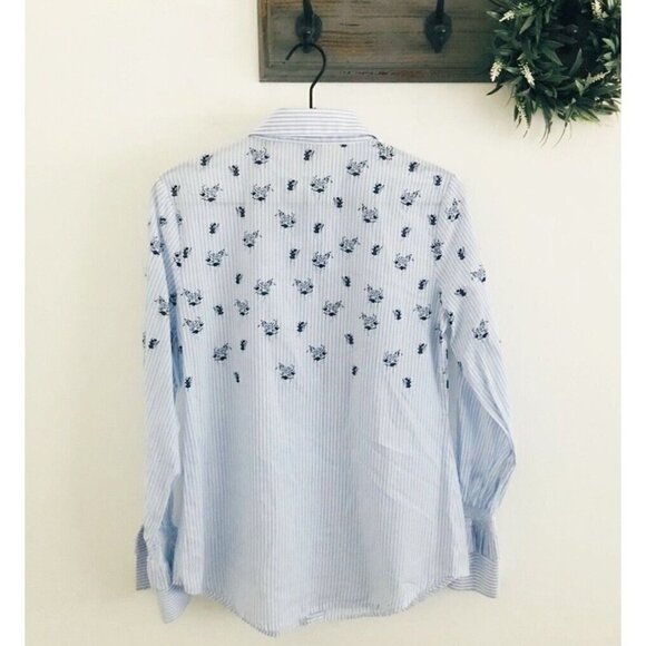 Cabi Blue Floral Pinstripe Button Up Shirt Smocked Ruffled Sleeve Women Sz M - Picture 7 of 12